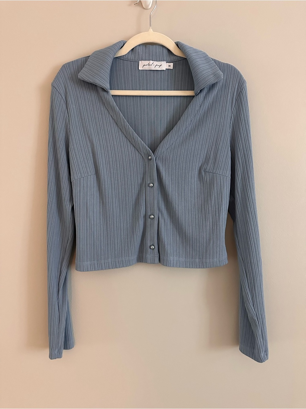 Petal + Pup Ribbed Collared Button Front Crop Top Light Blue Long Sleeve Medium